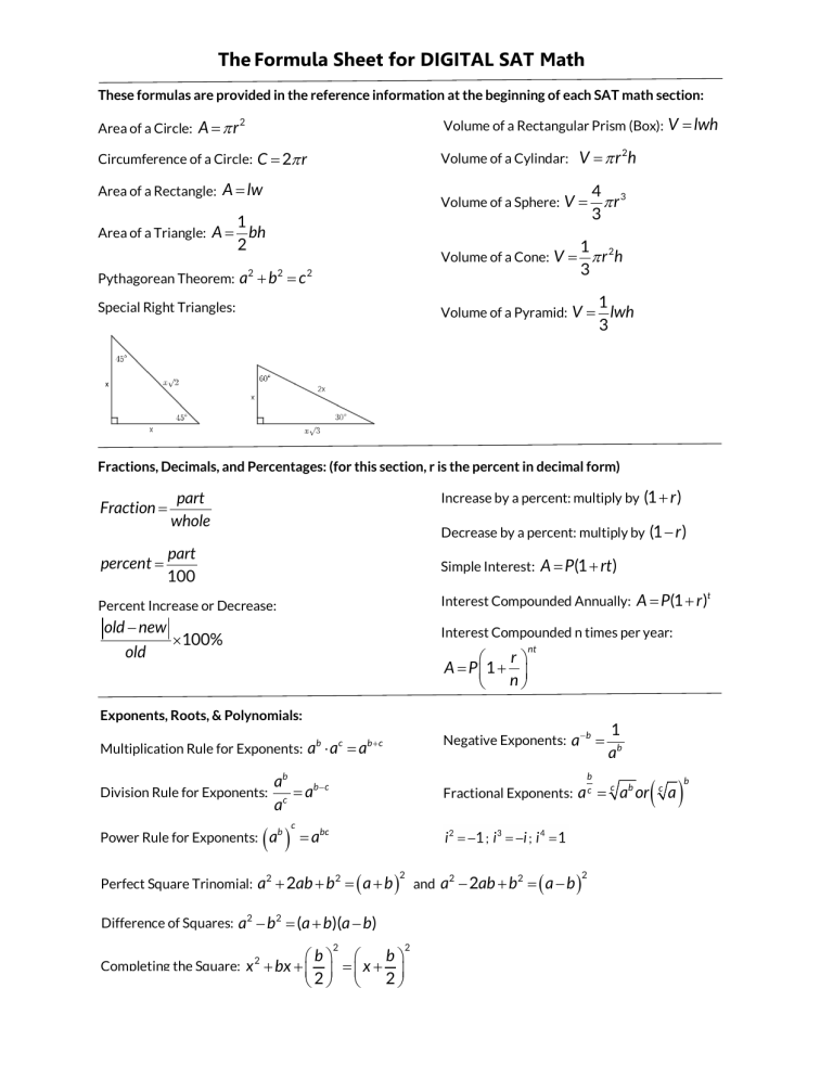 Formula Sheet for the SAT