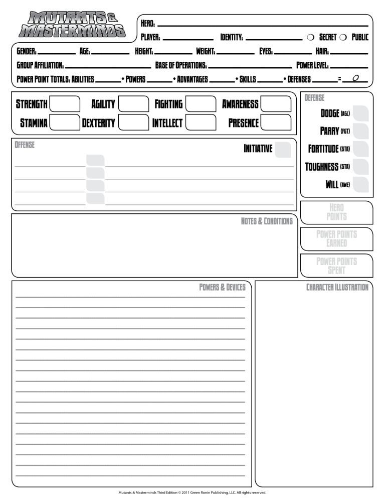 Mutants and masterminds character sheet