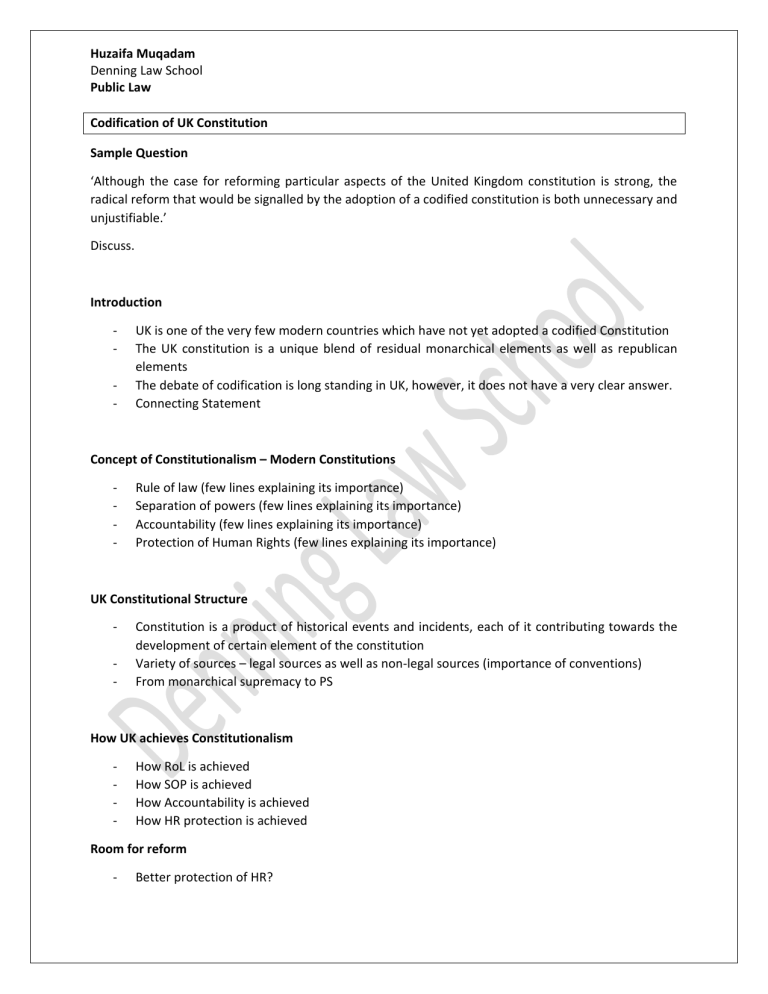 Codification of UK Constitution - Answer Structure