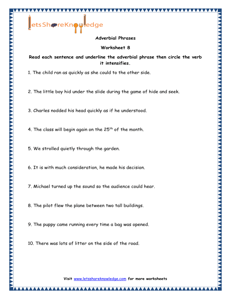 Adverbial Phrases Worksheet Grade 4