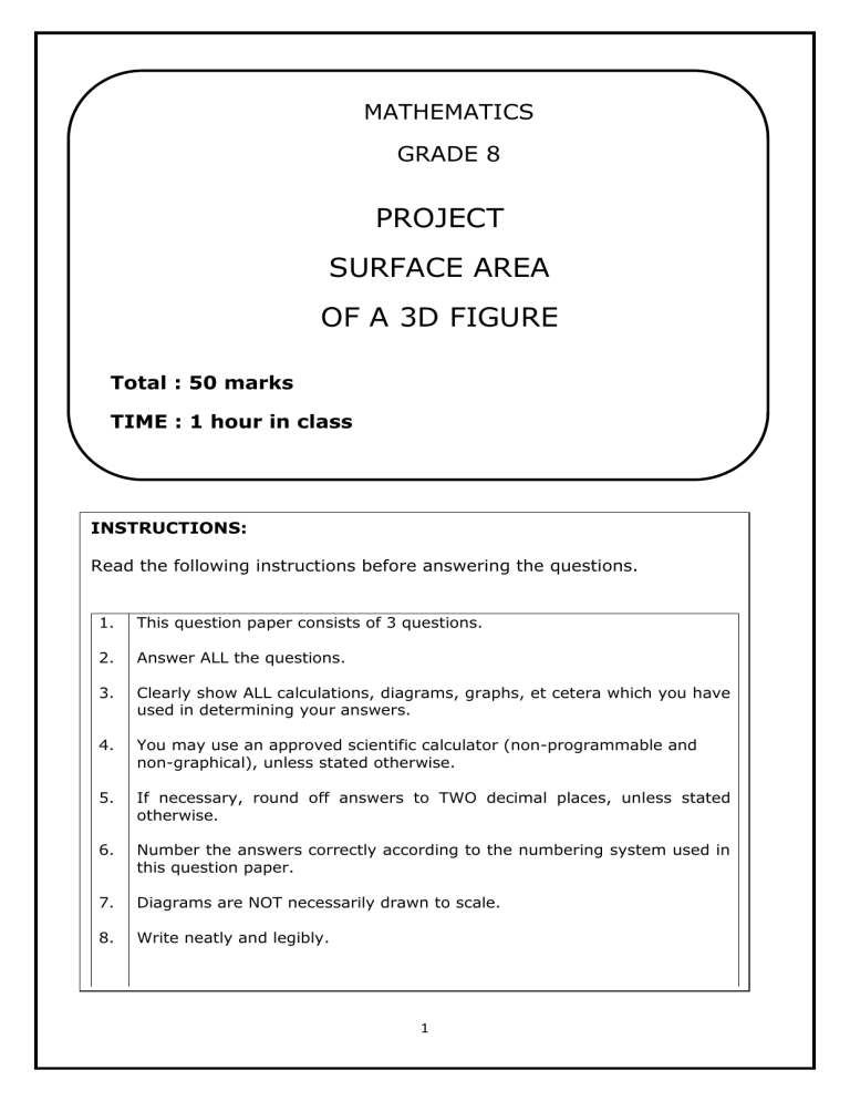 Grade 8 Math Project Surface Area Of 3D Figures