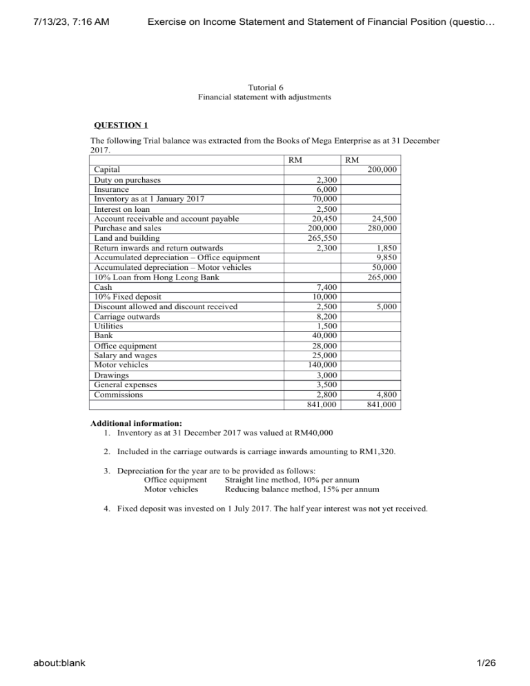 Exercise On Income Statement And Statement Of Financial Position Question And Answer 6883