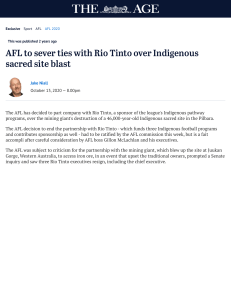 22222222 AFL to sever ties with Rio Tinto over sacred site blast at Juukan Gorge, Western Australia