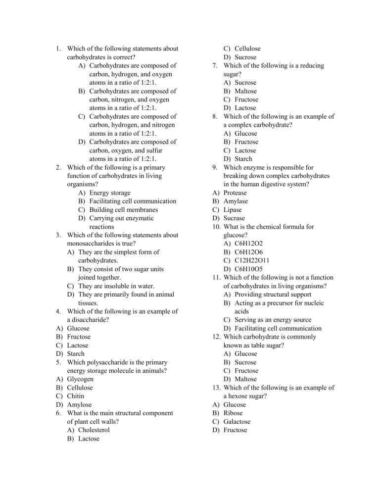 Carbohydrate Worksheet