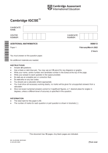 Cambridge IGCSE Additional Mathematics Exam Paper 0606/12