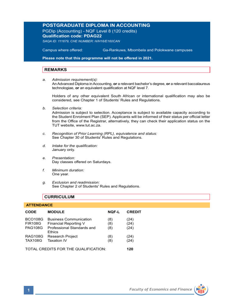 PGDip Accounting Course Description