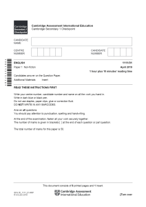 April 2019 CAIE P1 Questions 1111 English Cambridge Lower Secondary Checkpoint