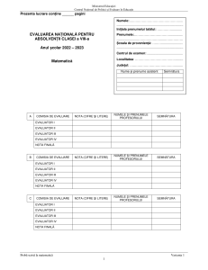 Evaluare Națională Matematică Clasa a VIII-a - Varianta 1