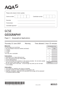 June 2019 QP - Paper 3 AQA Geography GCSE