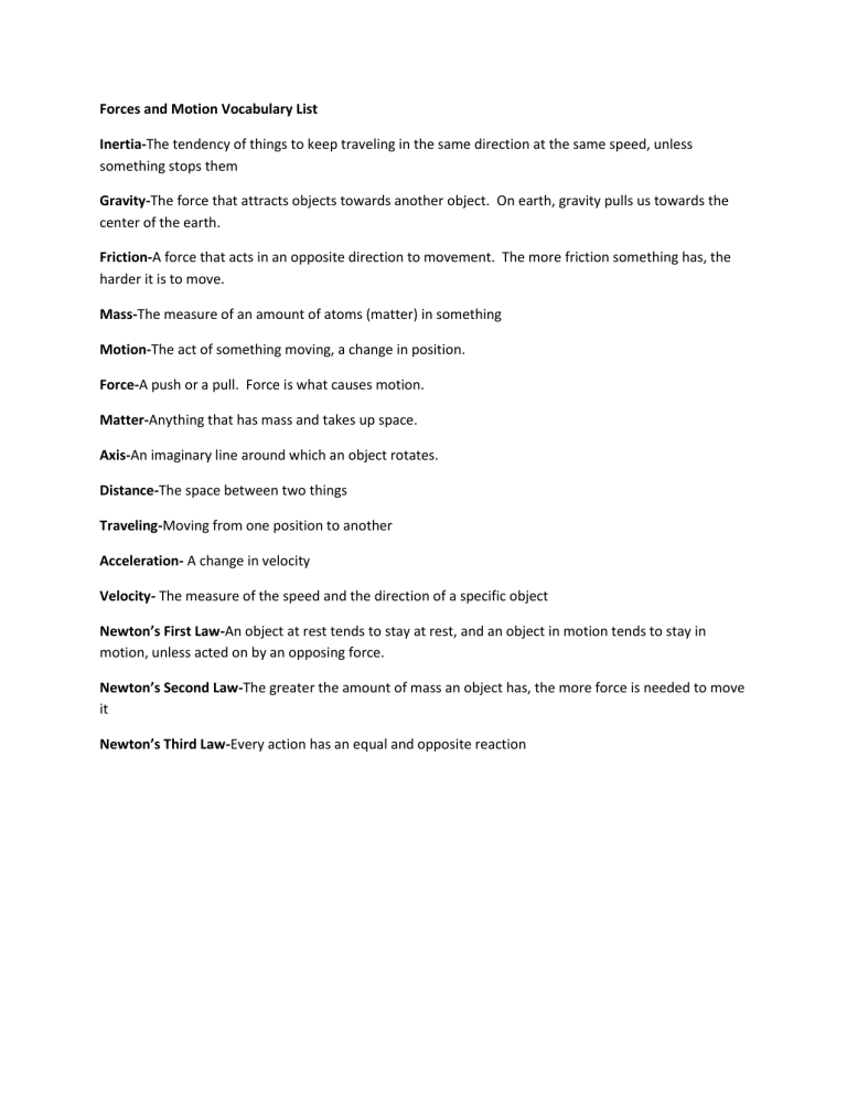 Forces And Motion Vocabulary List