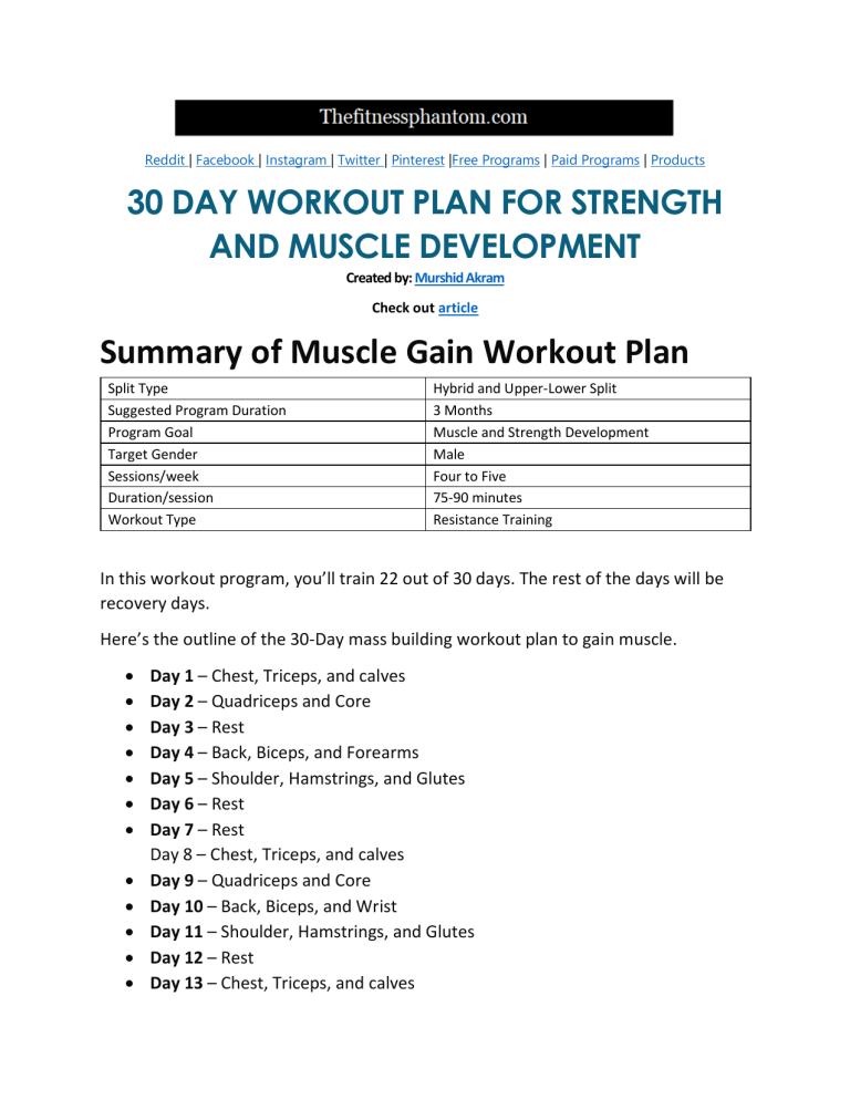 30 Day Workout Plan For Muscle Gain Pdf