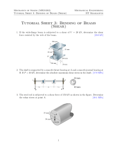 Bending of Beams & Shear Tutorial Sheet