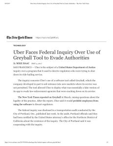 Uber Faces Federal Inquiry Over Use of Greyball Tool to Evade Authorities - The New York Times