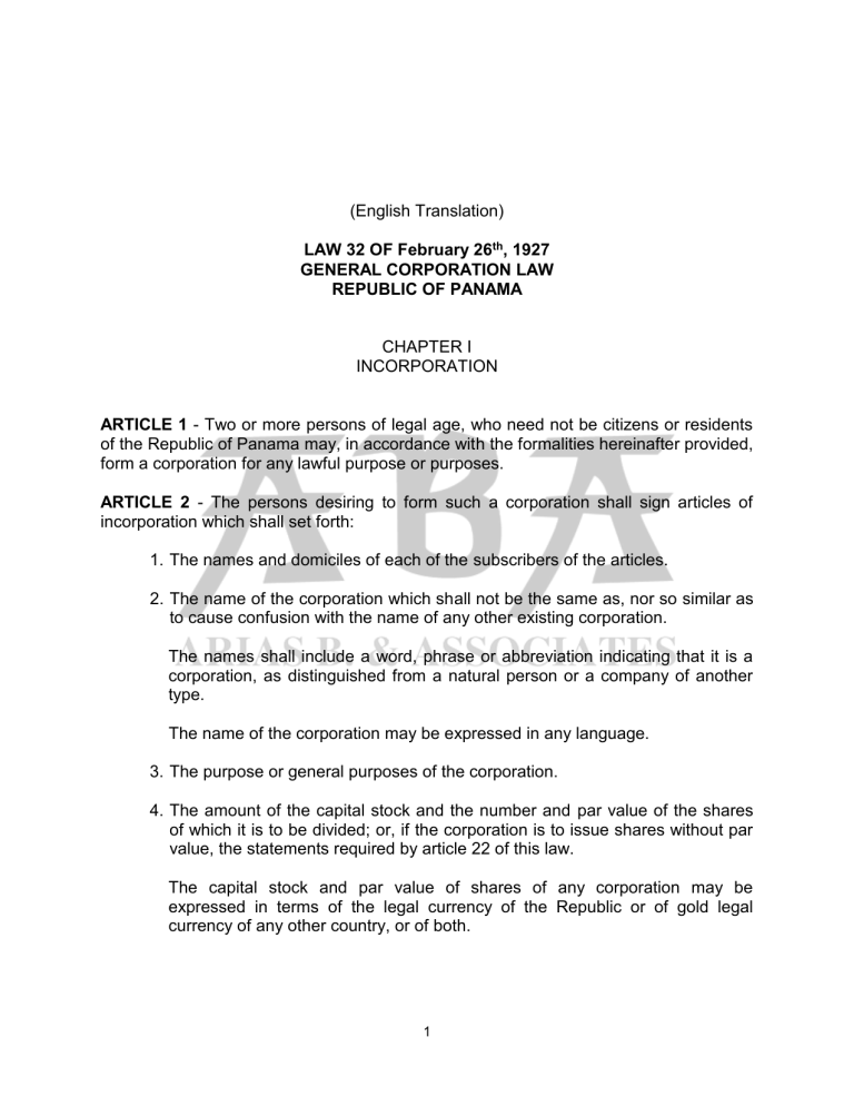 GeneralCorporationLawoftheRepublicofPanama