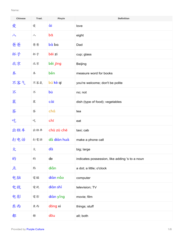 中文词汇表:常用汉字、拼音和定义