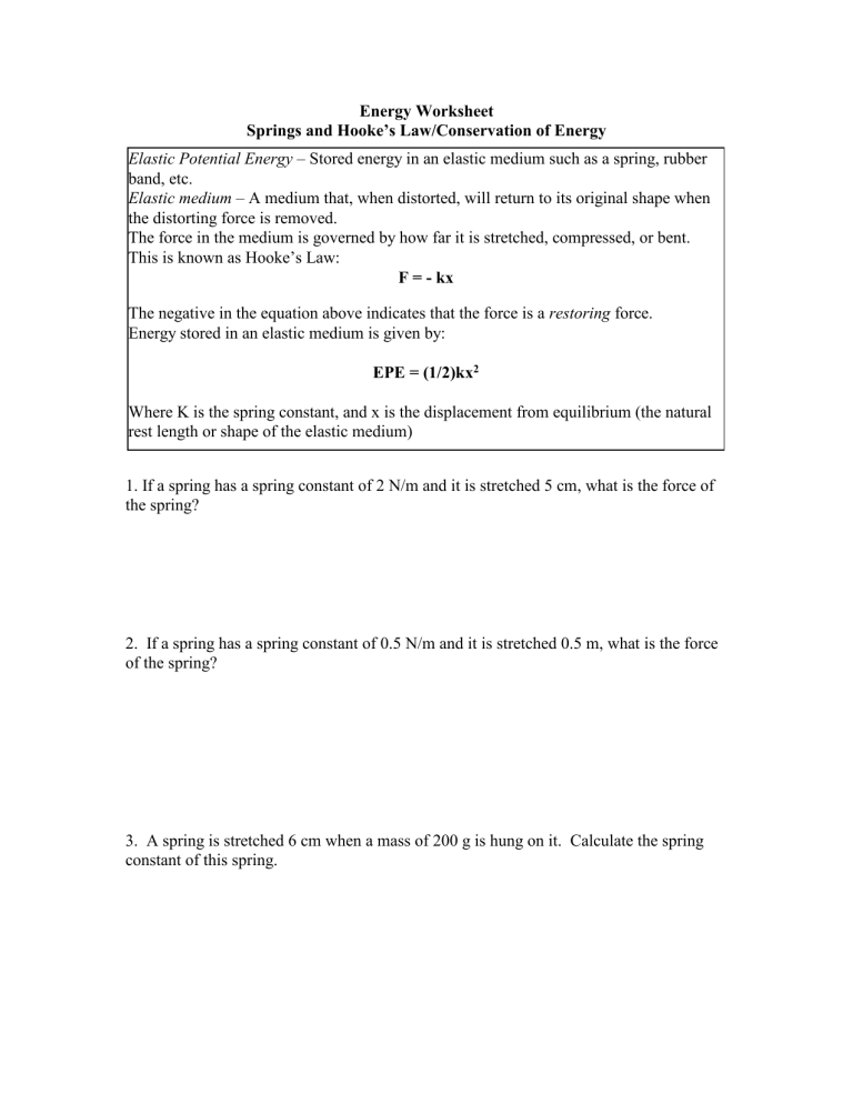 Elastic Potential Energy Worksheet Study Guide