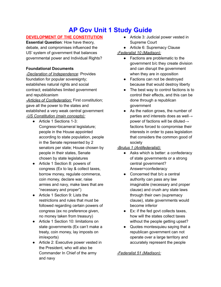 AP Gov Unit 1 Study Guide