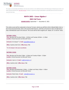 MATH 1B03 – Linear Algebra I - Fall 2021