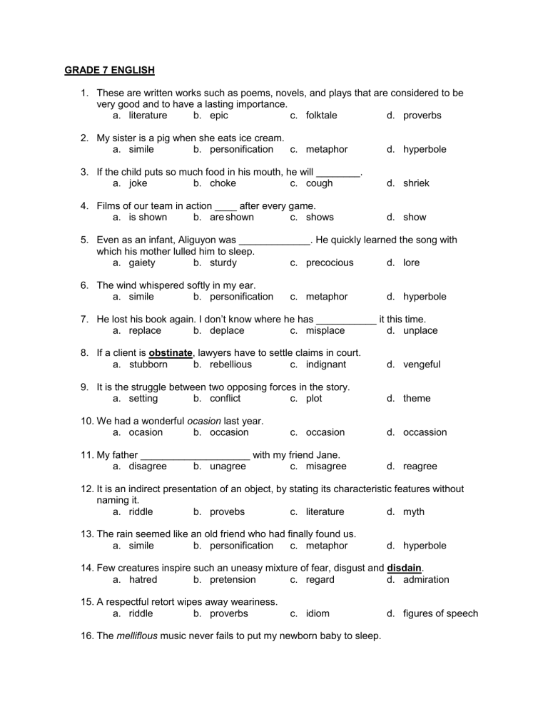 Monthly Test GRADE 7