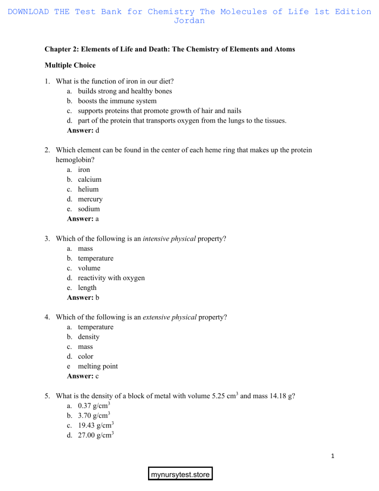 Test Bank For Chemistry The Molecules Of Life 1st Edition Jordan