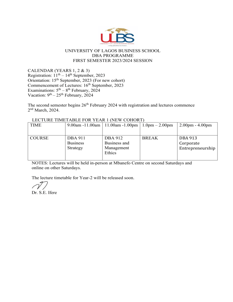 DBA CALENDAR AND LECTURE TIMETABLE FIRST SEMESTER 20232024