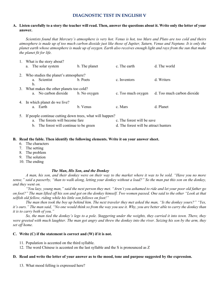 Diagnostic Test Grade V Engllish
