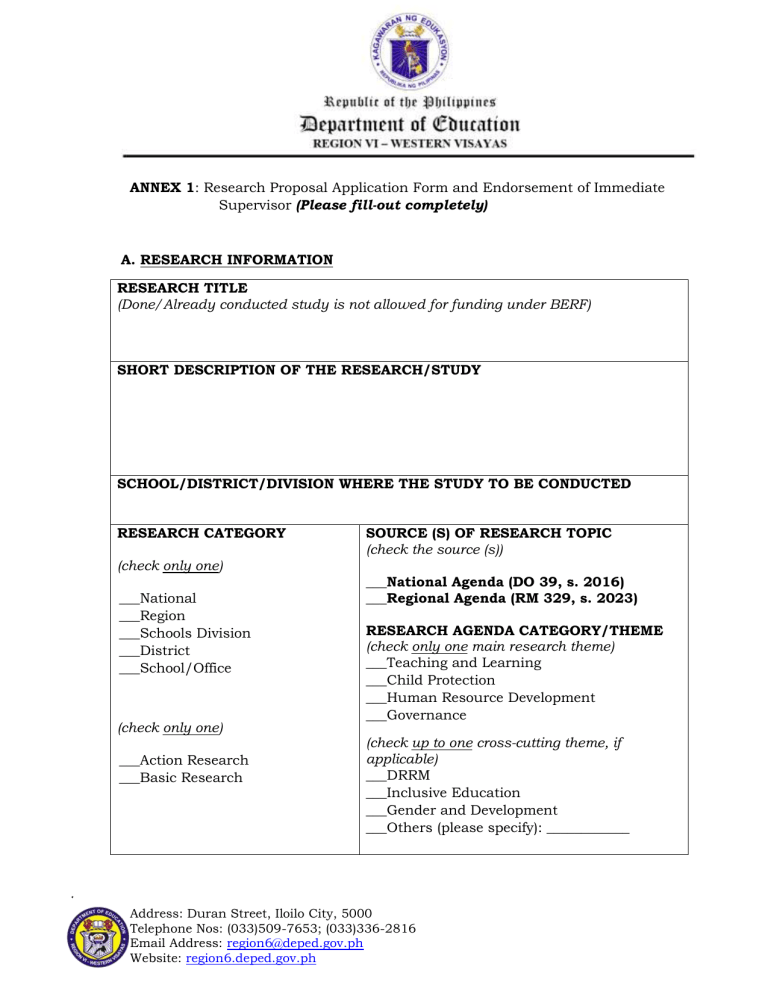 research proposal application form and endorsement of immediate supervisor