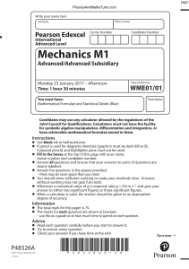 Mechanics M1 Exam Paper - Pearson Edexcel