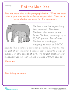 4th grade find-main-idea-elephant