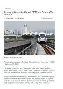 Government committed to both MRT3 and Penang LRT, says MOT