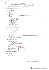 Grade 9 Math Worksheet: Equations & Formulae