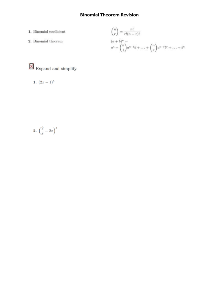 Binomial Theorem Revision Worksheet 8687