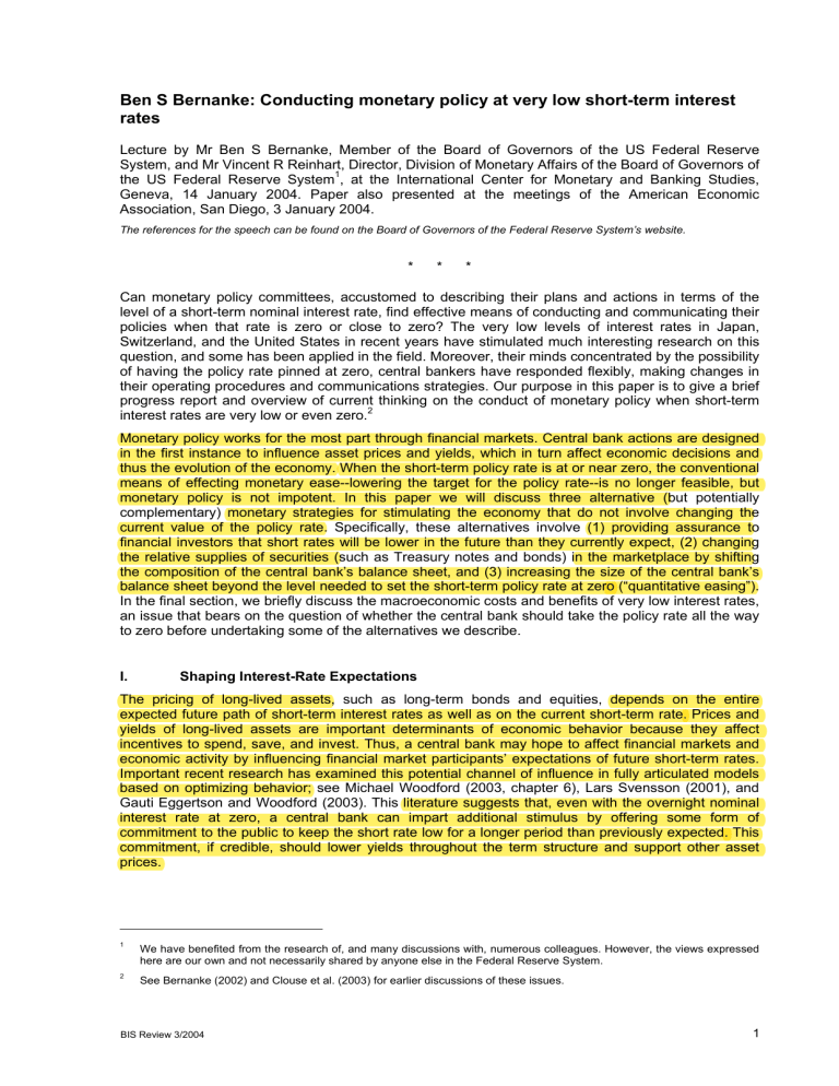 Bernanke, B. S. And Reinhart V. R. (2004), “Conducting Monetary Policy ...