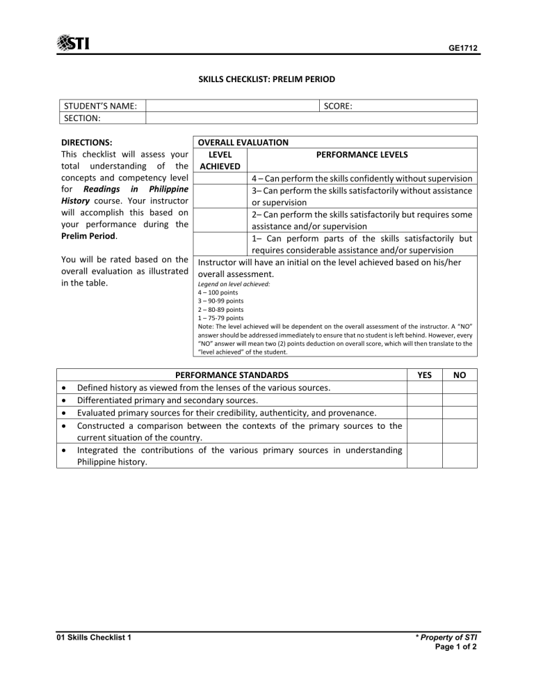 01 Skills Checklist 5 