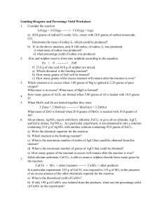 Limiting Reagents and Percentage Yield Worksheet