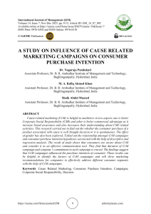 A STUDY ON INFLUENCE OF CAUSE RELATED MARKETING CAMPAIGNS ON CONSUMER PURCHASE INTENTION