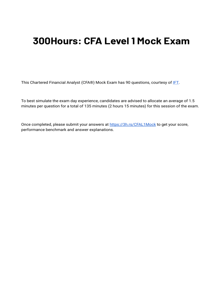 Free CFA Level 1 Mock Exam (300Hours)