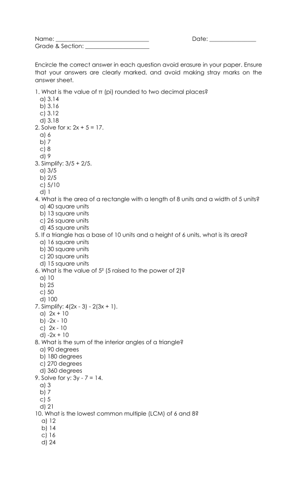 Pre Test Grade 9 Mathematics