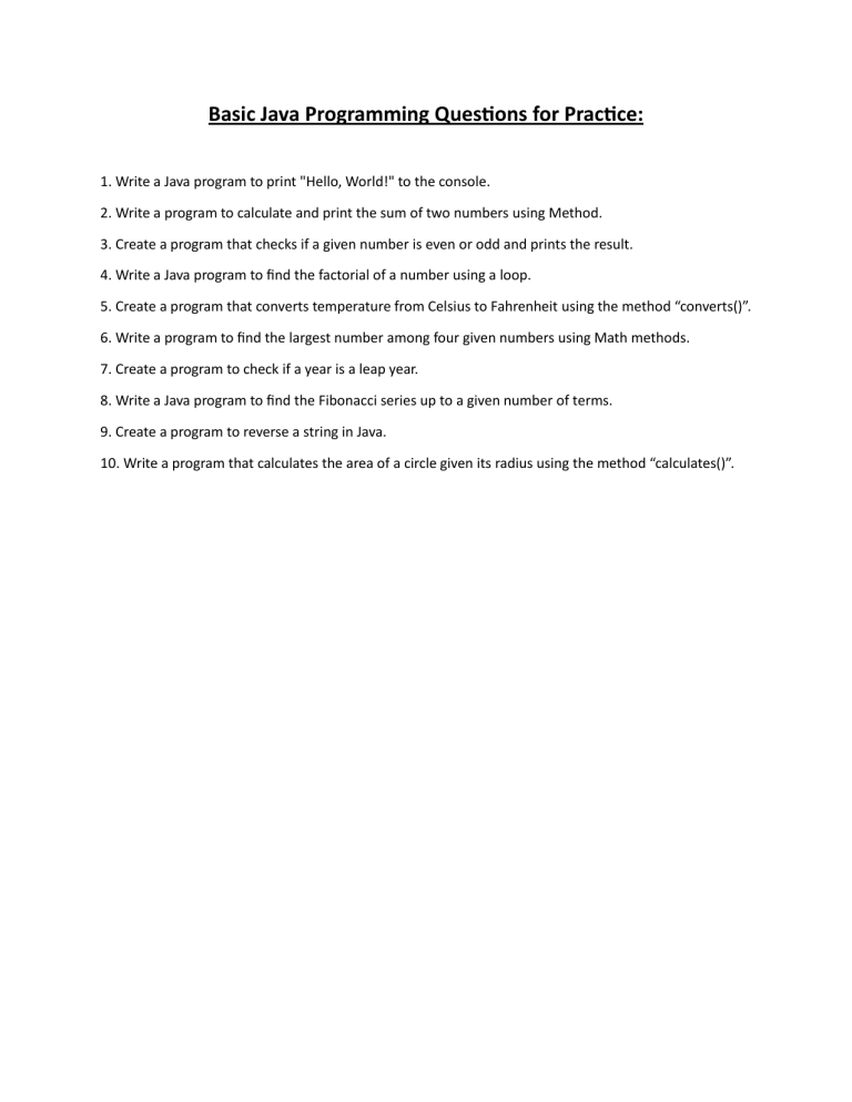 Basic Java Programming Questions For Practice