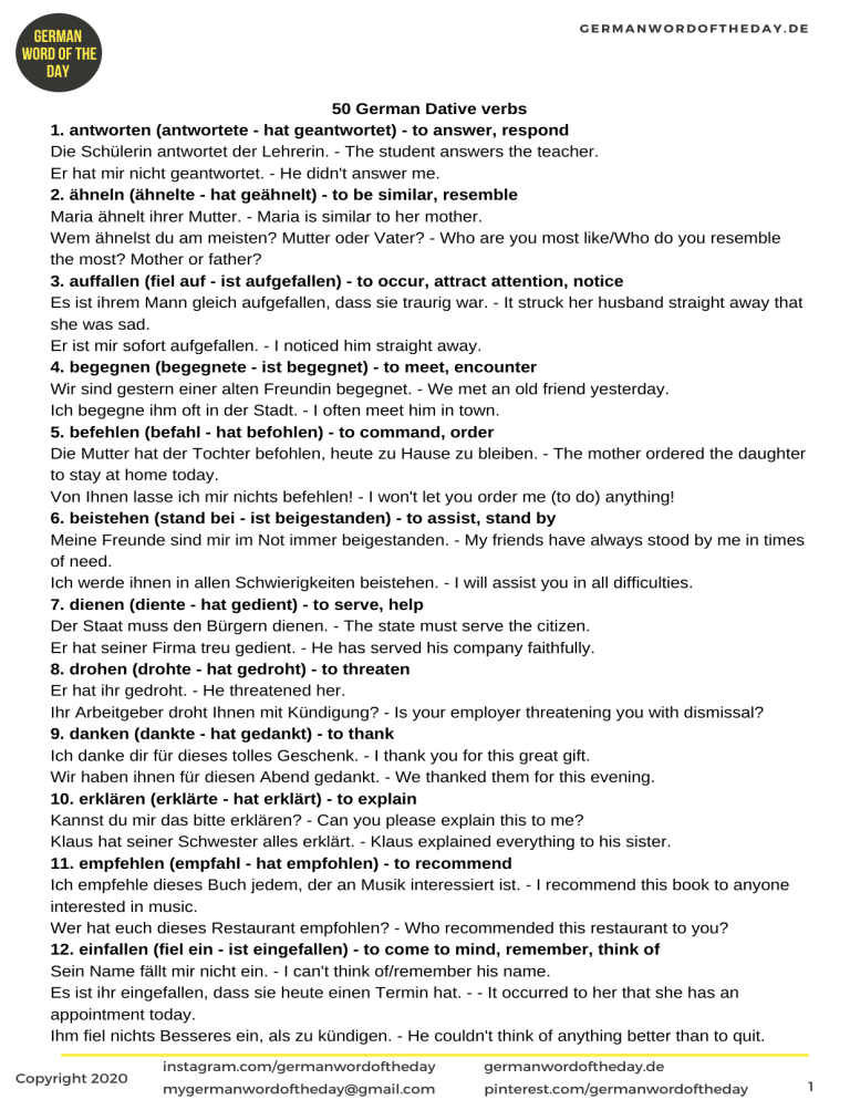 50 German Dative Verbs List
