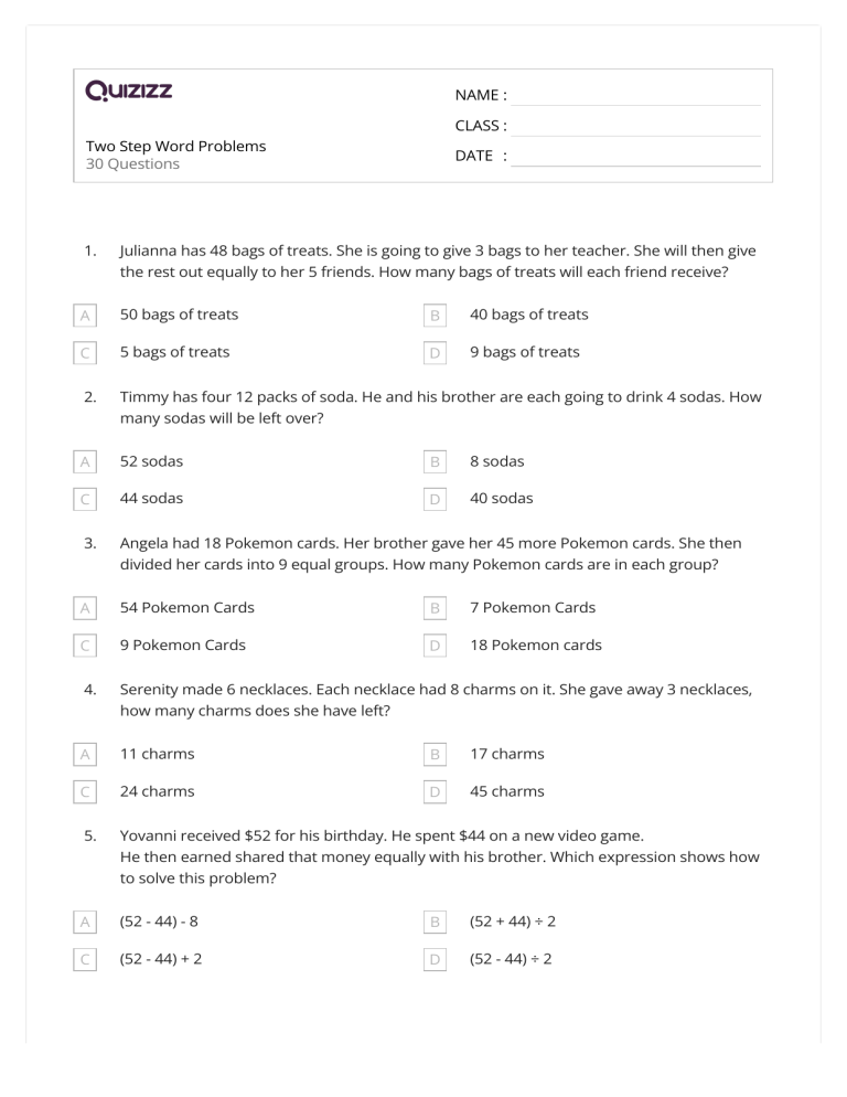 Two Step Word Problems