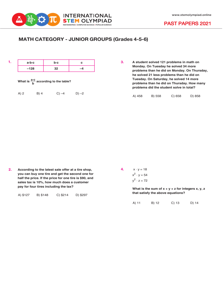 STEM Olympiad Math Past Paper Grades 4 6 2021 STEM Olympiad Math Past Paper Grades 4 6 2021
