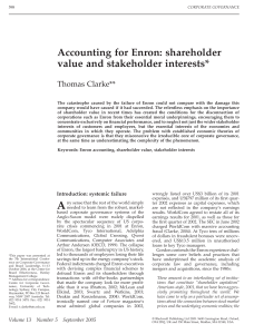 Corporate Governance - 2005 - Clarke - Accounting for Enron  shareholder value and stakeholder interests