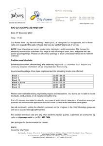 Inner City Power Outage Update 07 December 2023 17h30