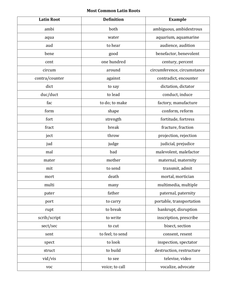 Latin Roots Chart
