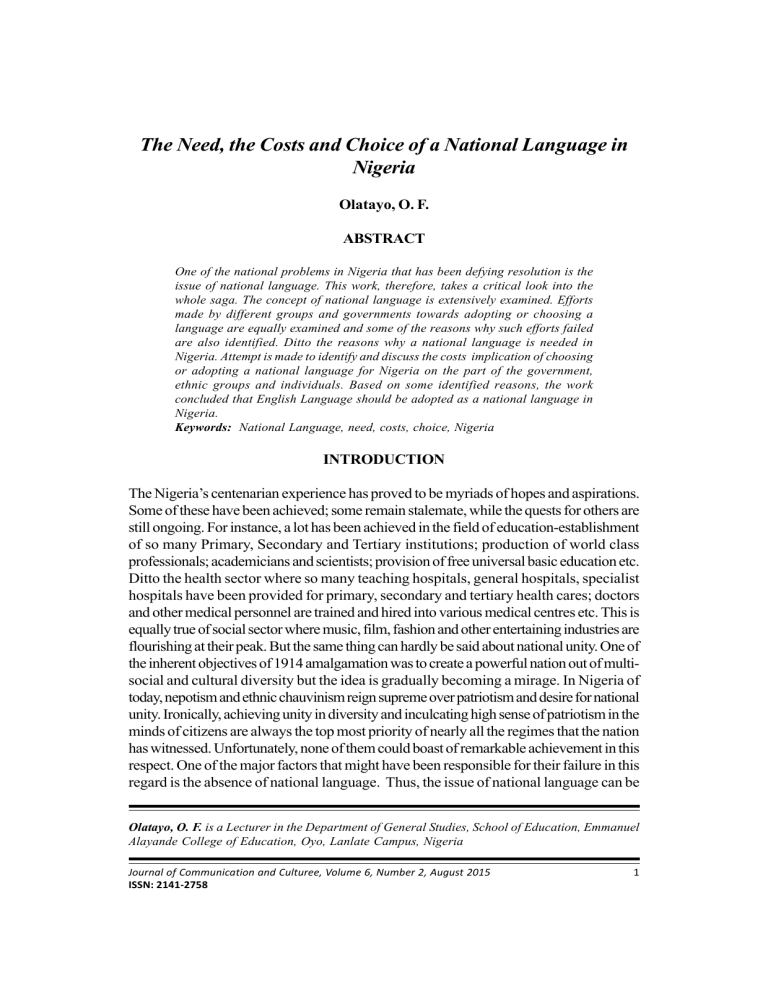 The Need The Costs And Choice Of A National Language In Nigeria