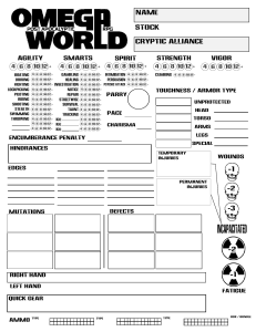 SW Omega World Character Sheet - 2 pages