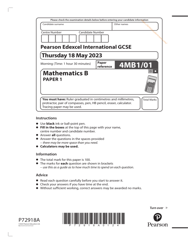 Pearson edexcel international gcse mathematics b paper 1