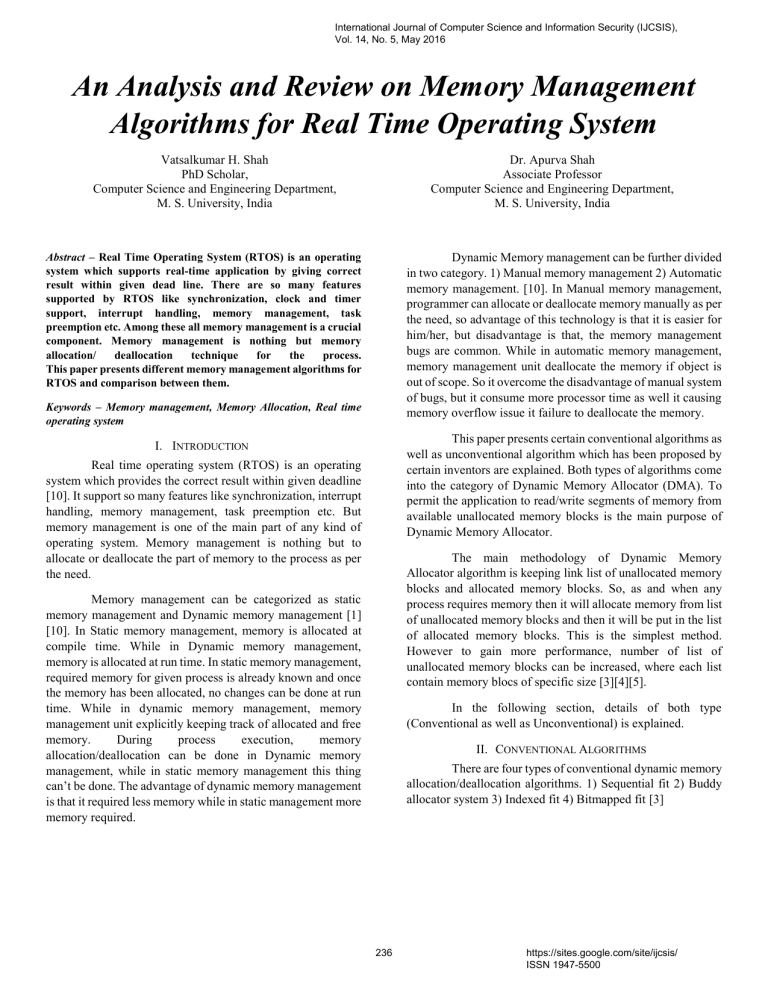 RTOS Memory Management Algorithms Analysis