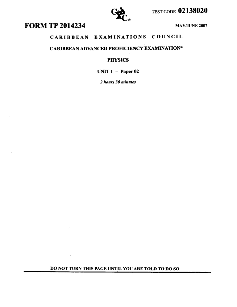 CAPE Physics Exam Paper - Unit 1 Paper 02